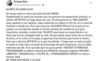 Enrique Gou, productor de teatro critica a Wendy Guevara por su show | Cortesía
