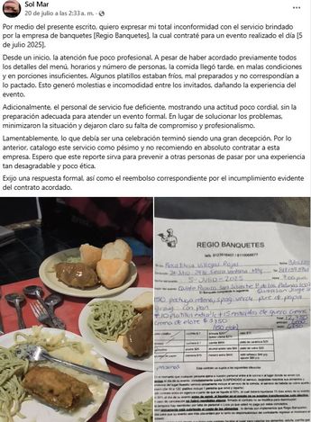 La mujer compartió una imagen del contrato que hizo con Regio Banquetes. | Especial