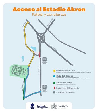 Cierres y cambios en vialidad del Estadio Akron. | Imagen: Policía Vial de Jalisco
