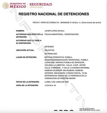 Documento de detención de Javier López Zavala / Especial