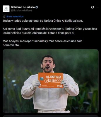 Publicación del Gobierno de Jalisco donde su usa la imagen de Bad Bunny. | Gobierno de Jalisco.