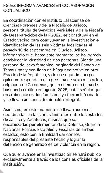 Comunicado de la Fiscalía de Zacatecas sobre cuerpos hallados en Ojuelos, Jalisco | Facebook FGJEZ