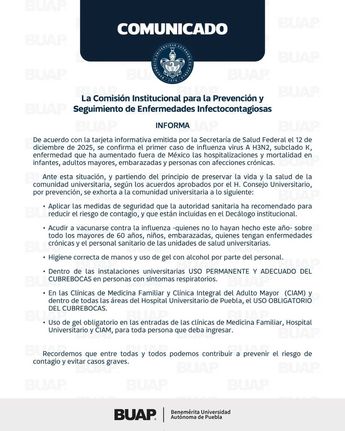 La BUAP emitió un comunicado para prevenir los contagios de influenza A H3N2 en la universidad / BUAP