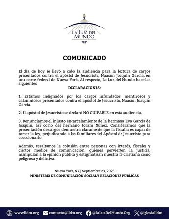 Comunicado oficial de la iglesia La Luz Del Mundo tras la audiencia de Naasón Joaquín | La Luz Del Mundo