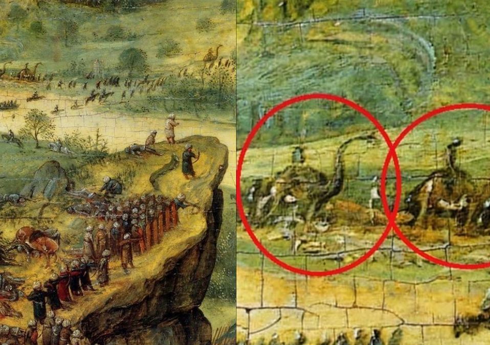 El suicidio de Saúl (1562) de Pieter Brueghel. Sus supuestos dinosaurios son en realidad camellos basados en descripciones indirectas.