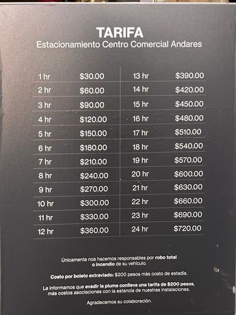 Listado de precios en el estacionamiento de la Plaza Andares/ Especial