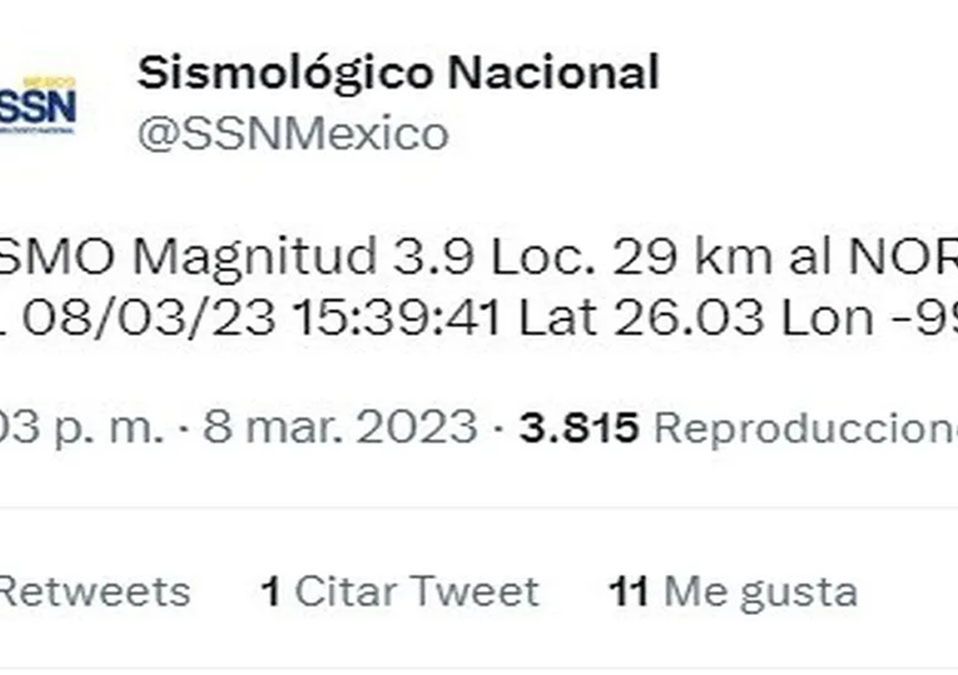 Reportan sismo con magnitud de 3.9 en Ciénega de Flores