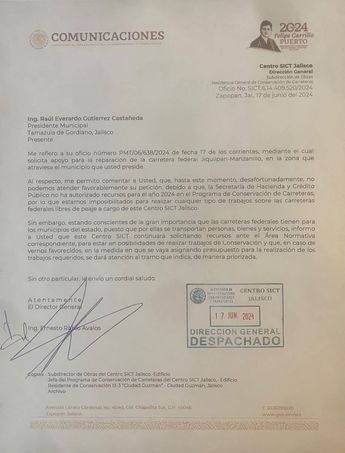Respuesta de SCT donde señalan que no tienen recursos para la reparación de la carretera