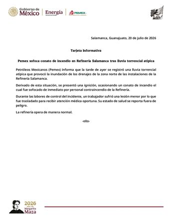Comunicado oficial de PEMEX | Gobierno de México https://www.milenio.com/comunidad/explota-refineria-en-salamanca-trabajadores-difundieron-video