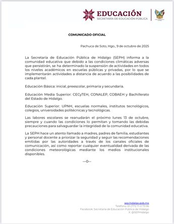 La tarde del jueves 9 de octubre del 2025 la SEP de Hidalgo anunció la suspensión de clases en un comunicado / Cortesía