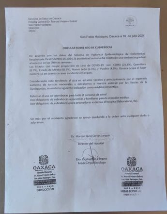 Secretaría de Salud en Oaxaca pide a hospitales retomar medidas sanitarias contra el Covid-19