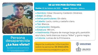 César Jiovanny Calderón Jiménez desapareció en la colonia Lomas de la Primavera de Zapopan | Fiscalía de Jalisco