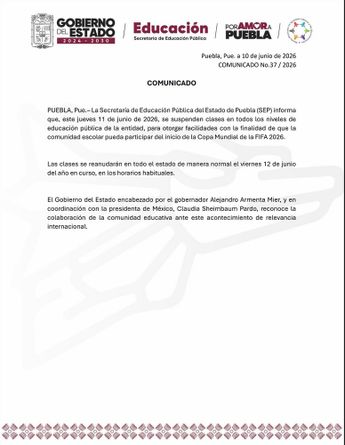 La SEP indicó que se trata de un evento extraordinario, pero que la suspensión solo durará un día / SEP Puebla