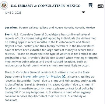 Alerta publicada en la página oficial de la Embajada del Gobierno de Estados Unidos | Especial