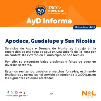 Los cortes de agua se deben a que se trabaja en la reparación de una fuga de agua en una tubería de 48" rota. | Especial