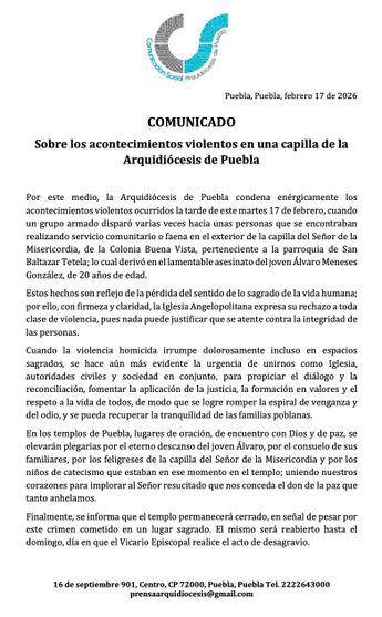 Comunicado de la arquidiócesis de Puebla por el asesinato de un joven de 20 años / Arquidiócesis de Puebla
