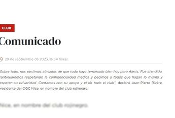 Comunicado del Niza sobre Alexis Beka Beka / CORTESÍA: @ogcnice