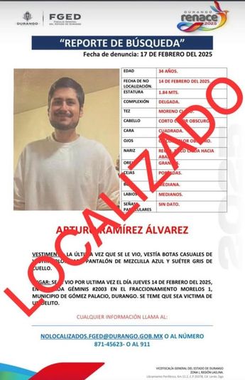 La Fiscalía del Estado de Durango confirmó que Arturo fue encontrado con vida.