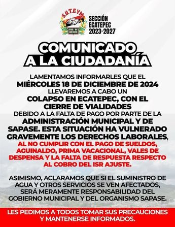 Trabajadores sindicalizados bloquearán las principales vialidades de Ecatepec, Edomex / Suteym