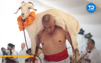 Matancero carga al chivo que será 'el primer sacrificado' para iniciar la temporada del Mole de Caderas / Agencia Enfoque