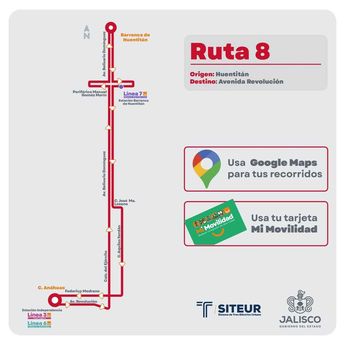 Mapa del recorrido de la Ruta 8 en Guadalajara. | Siteur