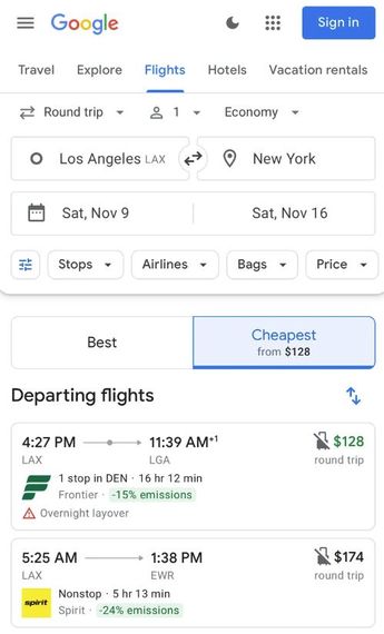 Google muestra la opción "el más barato" (en inglés "cheapest") para comprar vuelos.