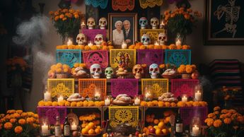 El altar de muertos es un elemento fundamental en el conjunto de tradiciones mexicanas del Día de Muertos. | Foto generada con IA (Gemini)