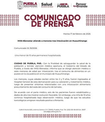La SS confirmó la intoxicación de siete niños en Huauchinango, siendo solo una de ellas quien arrojó positivo al opioide sintético / Cortesía