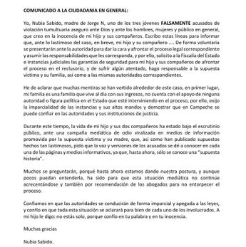 Comunicado de Nubia Sabido, madre de Jorge N.