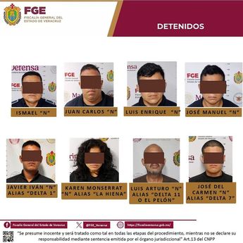 Son ocho personas, siete hombres y una mujer, los detenidos por el caso Roxana Guzmán / Cortesía FGE Veracruz
