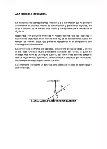 Disculpa pública de Ariana Ferreti / Cortesía