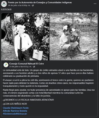Denuncia realizada en redes por la comunidad indígena de Aquila | Frente por la Autonomía de Consejos y Comunidades Indígenas
