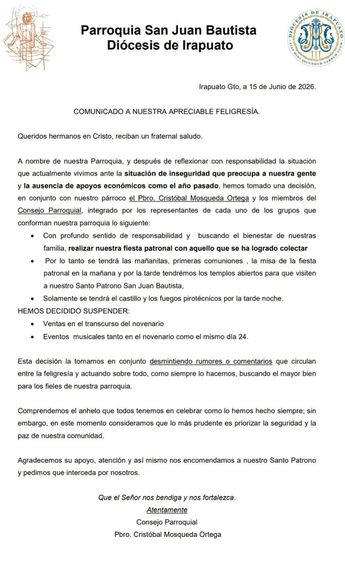 Comunicado de la Parroquia de San Juan Bautista.  | Redes sociales