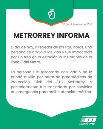Comunicado de Metrorrey sobre accidente en estación Ruiz Cortines / Especial