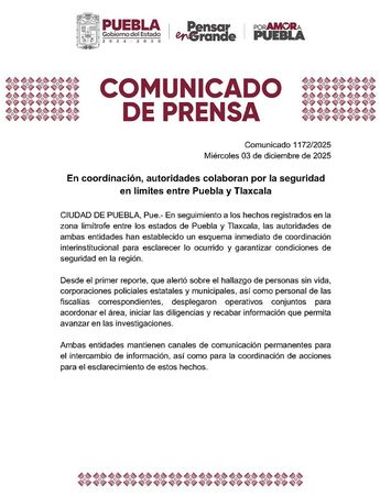 Gobiernos de Tlaxcala y Puebla trabajarán en conjunto para aclarar las muertes / Cortesía