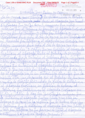 Carta de 'El Chapo' Guzmán para el juez Brian Cogan, misma que obtuvo Milenio / Especial