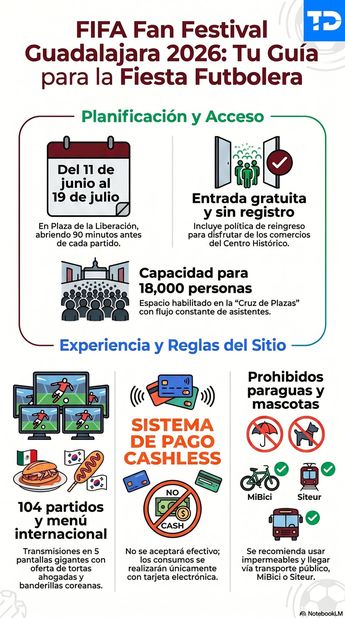 Estas son algunas actividades y reglas del FIFA Fan Festival Guadalajara 2026 | Infografía realizada con Notebook LM