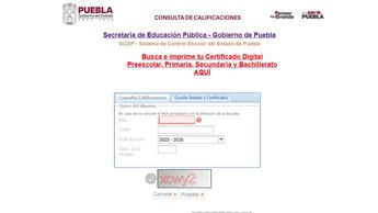 Así luce la página del Sistema de Control Escolar del Estado de Puebla, para consultar la boleta / SICEP