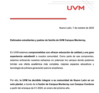 Comunicado que emitió la UVM | Especial