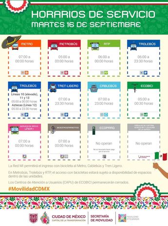 La red de transporte de la Ciudad de México tendrá horario especial el 16 de septiembre | Semovi