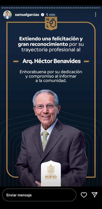 Samuel García reconoce trayectoria del Arquitecto Benavides / Instagram