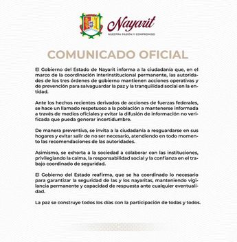 Comunicado oficial del Gobierno de Nayarit| Gobierno de Nayarit