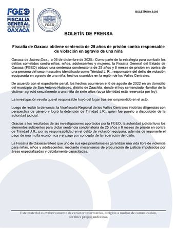 En un comunicado, la Fiscalía de Oaxaca notificó la sentencia de más 25 años de prisión por violación equiparada y pederastia / Cortesía