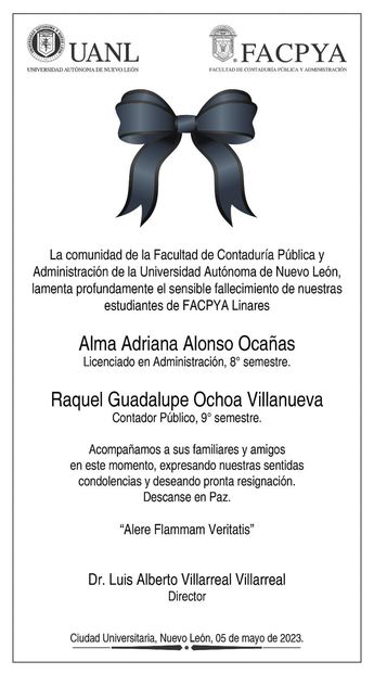 La Facultad de Contaduría Pública y Administración (FACPyA) emitió un comunicado donde lamentó el fallecimiento de las jóvenes. | Cortesía
