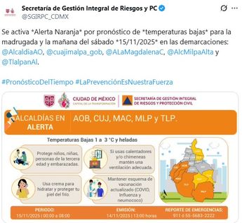 La alerta naranja por frío se activó en 5 alcaldías de CdMx | X