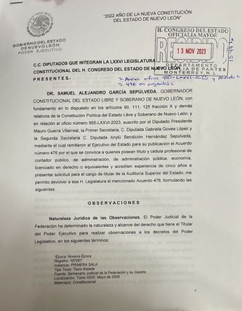 Documento para vetar convocatoria de selección para Auditor Superior del Estado. | Cortesía