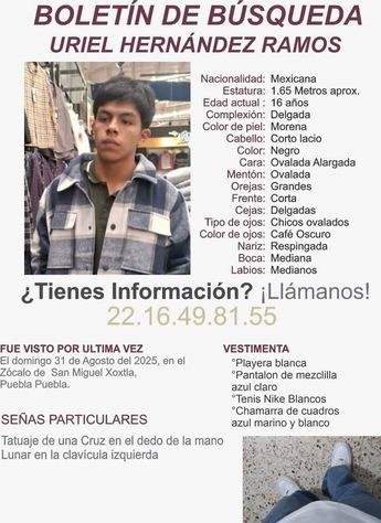 Ficha de búsqueda de Uriel Hernández Ramos en Puebla / Cortesía