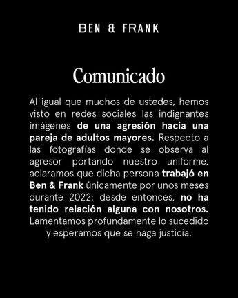 Comunicado de Ben & Frank sobre su relación con el detenido. | Ben & Frank vía Facebook.