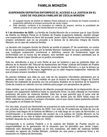 La familia Monzón mostró su descontento con la resolución y emitió un comunicado al respecto / Cortesía