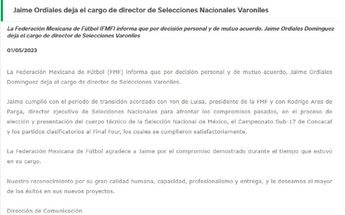 Comunicado de FMF / CORTESÍA: @miseleccionmx